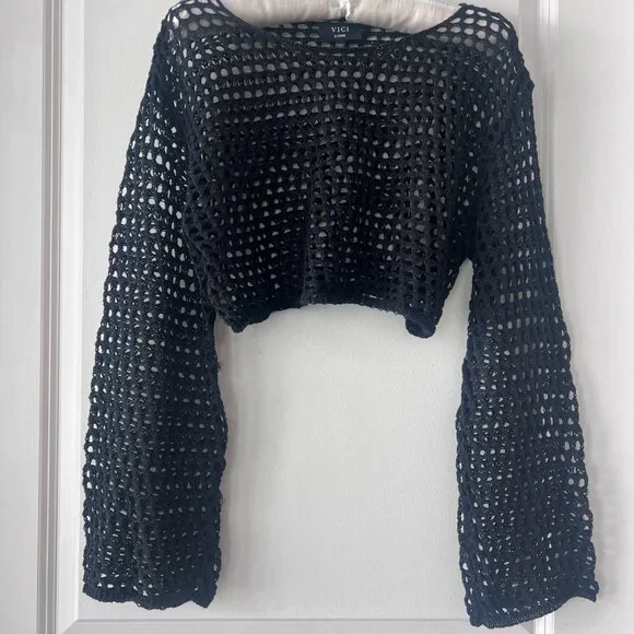 Vici Black Crochet Cropped Sweater Beach Cover Up - Picture 3 of 7